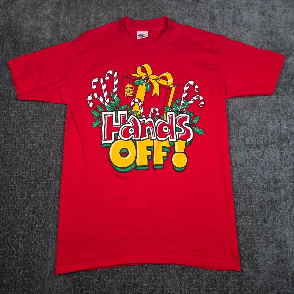 Fun Tees T-Shirt Mens Large Red Vintage Christmas Hands Off Graphic Made in USA